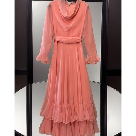 Vintage 1960s Jack Bryan Gown Peach Chiffon Belted Maxi Dress - size 10 - Picture 1 of 16